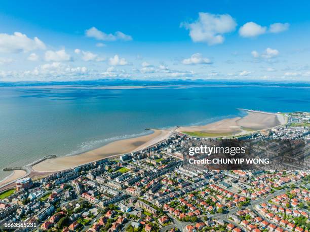 an aerial view of the seafront at morecambe in lancashire, uk - morecambe stockfoto's en -beelden