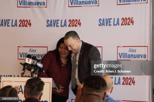 Whittier, CA Former Los Angeles County Sheriff Alex Villanueva, right, hugs supporter Angela Mendoza, after speaking as Villanueva makes a major...