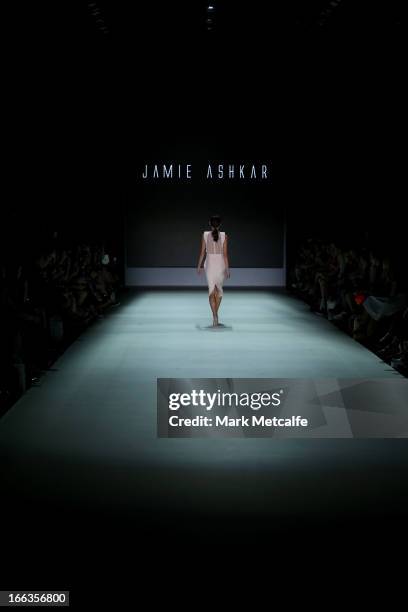 Model showcases designs by Jamie Ashkar on the runway at the New Generation show during Mercedes-Benz Fashion Week Australia Spring/Summer 2013/14 at...