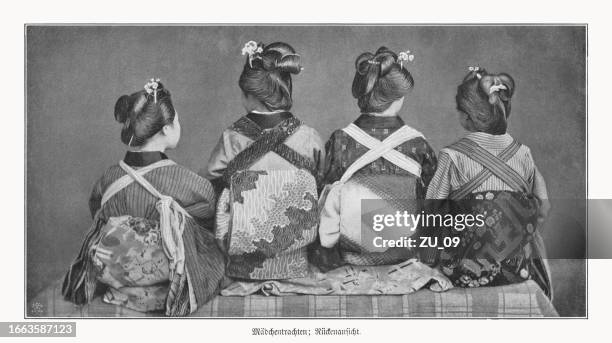 japanese girls in traditional dress, halftone print, published in 1900 - era showa stock illustrations