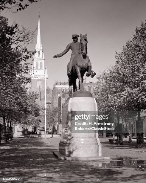 1950s Paul revere statue and old north church boston massachusetts USA.