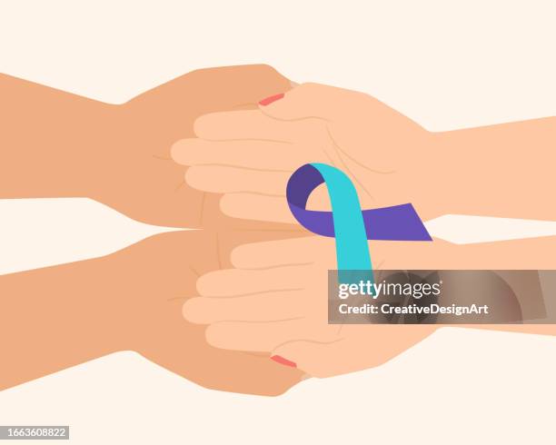 hände, die das band des suizidbewusstseins in ihren handflächen halten. sensibilisierungskonzept für suizidprävention - selbstmord stock-grafiken, -clipart, -cartoons und -symbole