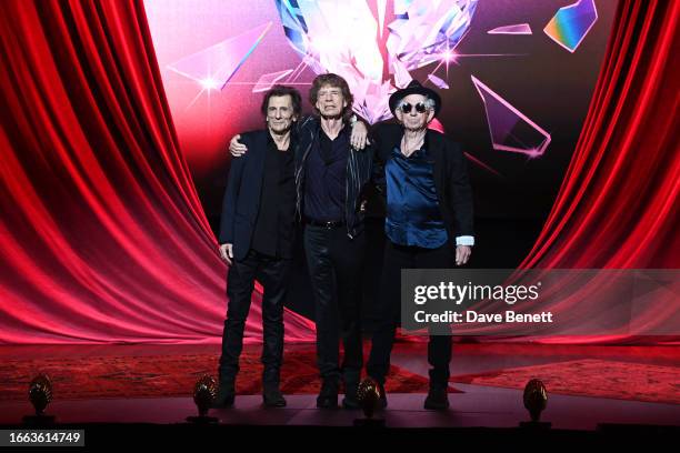 Ronnie Wood, Sir Mick Jagger and Keith Richards attend the launch event for The Rolling Stones' new album "Hackney Diamonds" at the Hackney Empire on...