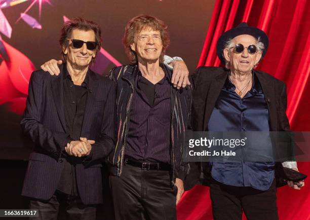 Ronnie Wood, Mick Jagger and Keith Richards pose for a photocall at the Rolling Stones "Hackney Diamonds" Launch Event at Hackney Empire on September...