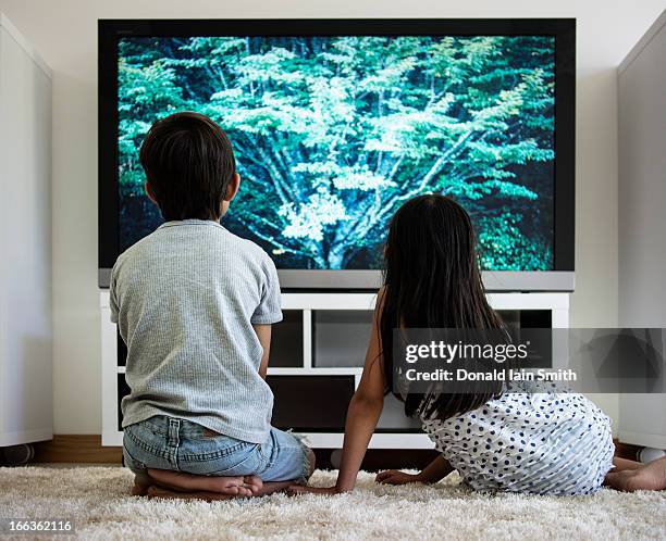 green tv - family watching tv from behind stockfoto's en -beelden