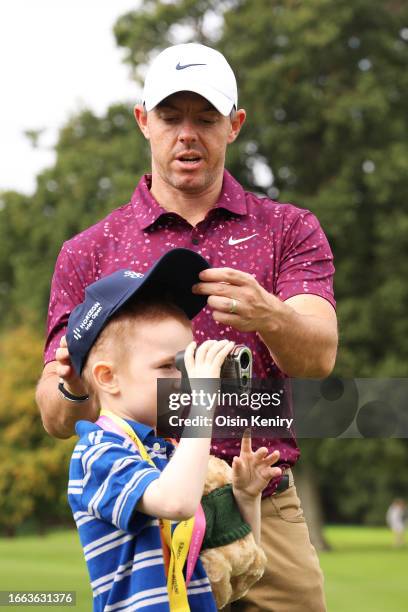Rory McIlroy of Northern Ireland interacts with Michael Horgan during the Pro-Am prior to the Horizon Irish Open at The K Club on September 06, 2023...