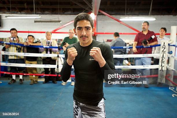 Leo Santa Cruz attends the media workout at Azteca Gym on April 11, 2013 in Bell, California.