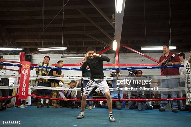 Leo Santa Cruz attends the media workout at Azteca Gym on April 11, 2013 in Bell, California.