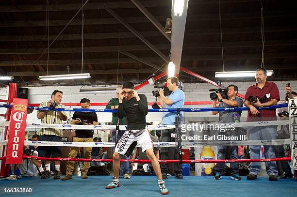 Leo Santa Cruz attends the media workout at Azteca Gym on April 11, 2013 in Bell, California.