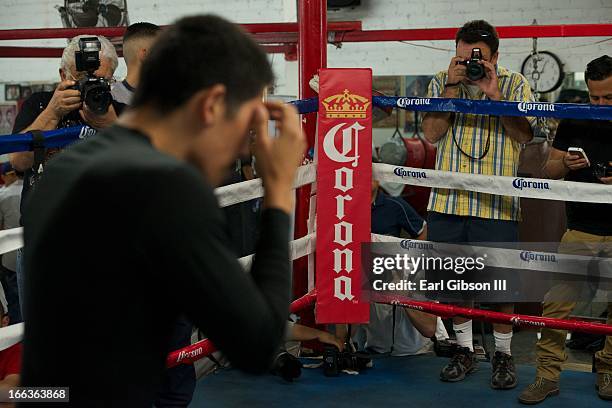 Leo Santa Cruz attends the media workout at Azteca Gym on April 11, 2013 in Bell, California.