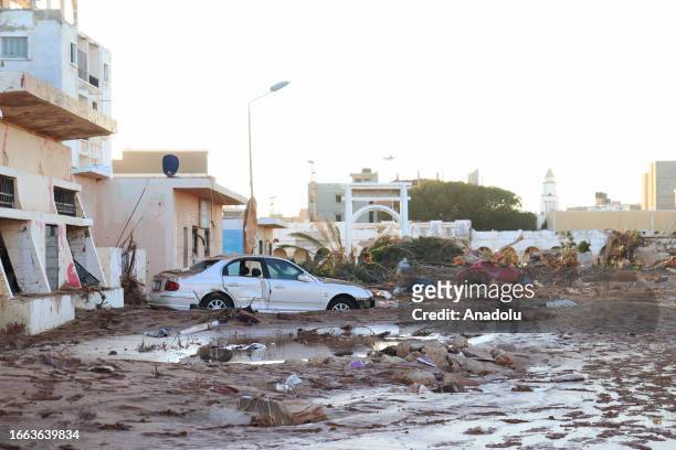 View of the devastation in disaster zones after the floods caused by the Storm Daniel ravaged the region in Derna, Libya on September 13, 2023. At...