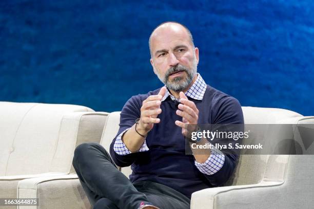 Of Uber, Dara Khosrowshahi, speaks onstage during GE The Lean Mindset: The Pursuit Of Progress Event at Chelsea Industrial on September 06, 2023 in...