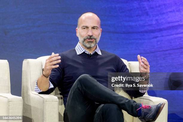 Of Uber, Dara Khosrowshahi, speaks onstage during GE The Lean Mindset: The Pursuit Of Progress Event at Chelsea Industrial on September 06, 2023 in...