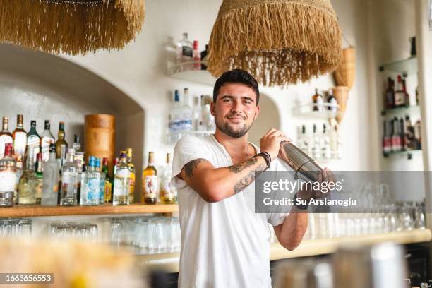 male bartender mixing cocktail in shaker - bartender stock pictures, royalty-free photos & images