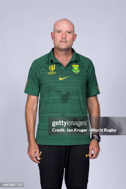 Jacques Nienaber, Head Coach of South Africa, poses for a portrait during the South Africa Rugby World Cup 2023 Squad photocall on September 02, 2023...