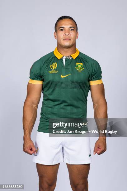 Cheslin Kolbe of South Africa poses for a portrait during the South Africa Rugby World Cup 2023 Squad photocall on September 02, 2023 in Toulon,...