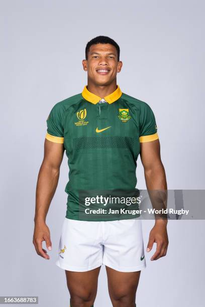 Kurt-Lee Arendse of South Africa poses for a portrait during the South Africa Rugby World Cup 2023 Squad photocall on September 02, 2023 in Toulon,...