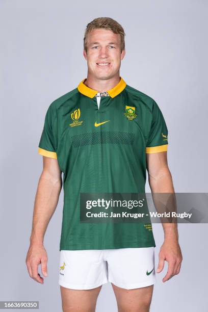 Pieter-Steph Du Toit of South Africa poses for a portrait during the South Africa Rugby World Cup 2023 Squad photocall on September 02, 2023 in...