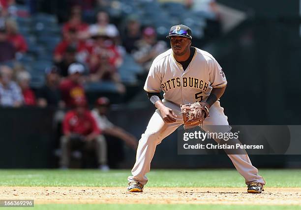 Infielder Josh Harrison of the Pittsburgh Pirates in action during the MLB game against the Arizona Diamondbacks at Chase Field on April 10, 2013 in...