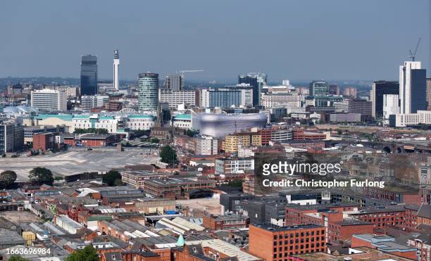 An aerial view of the Birmingham cityscape after the city council declared its financial challenges on September 06, 2023 in Birmingham, England....