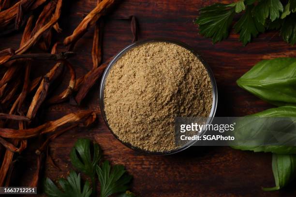 mild curry powder with seaweed and basil - poder stock pictures, royalty-free photos & images