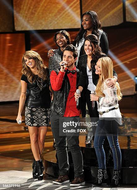 Contestants Angie Miller, Amber Holcomb, Lazaro Arbos, Candice Glover, Kree Harrison and Janelle Arthur perform onstage at FOX's "American Idol"...