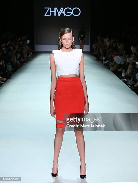 Model showcases designs by Zhivago on the runway at the New Generation show during Mercedes-Benz Fashion Week Australia Spring/Summer 2013/14 at...