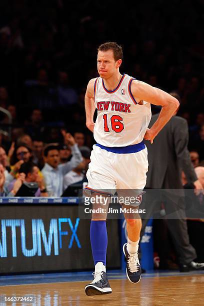 Steve Novak of the New York Knicks in action against the Washington Wizards at Madison Square Garden on April 9, 2013 in New York City. The Knicks...