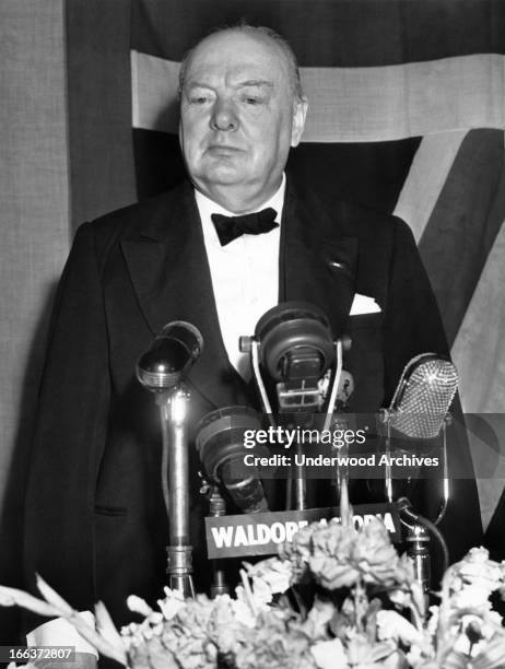 Winston Churchill speaks at a banquest in his honor at the Waldorf-Astoria, New York, New York, March 15, 1946. He said peace in the world depends...