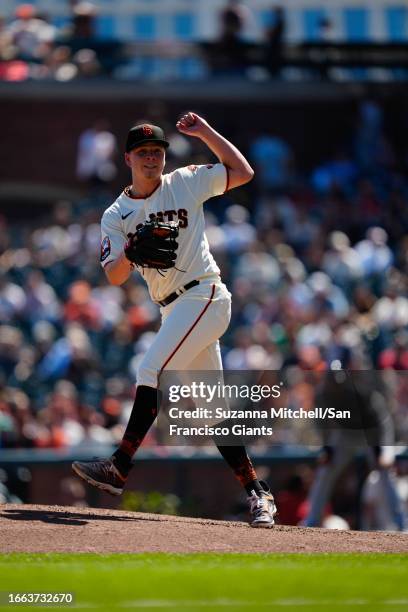 Kyle Harrison of the San Francisco Giants pitching against the Cleveland Guardians at Oracle Park on September 13, 2023 in San Francisco, California.