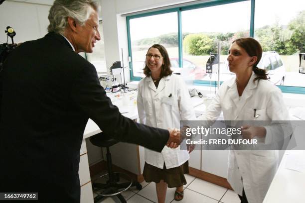 Le Premier ministre Dominique de Villepin salue des employées de l'usine Agrimer, le 20 juillet 2006 à Plouguemeau à l'occasion d'un déplacement dans...