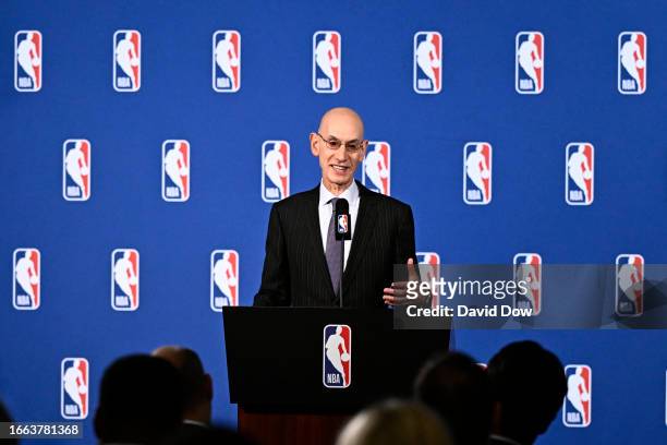 Commissioner Adam Silver addresses the media during a press conference after the Board of Governors Meeting on September 13, 2023 at the St. Regis...