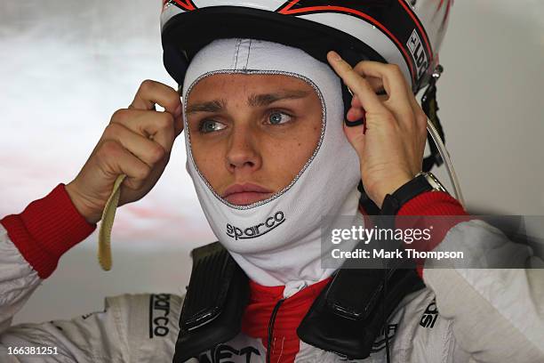 Max Chilton of Great Britain and Marussia prepares to drive during practice for the Chinese Formula One Grand Prix at the Shanghai International...