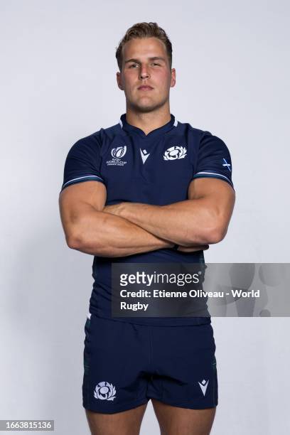 Duhan van der Merwe of Scotland poses for a portrait during the Scotland Rugby World Cup 2023 Squad photocall on September 03, 2023 in Cannes, France.