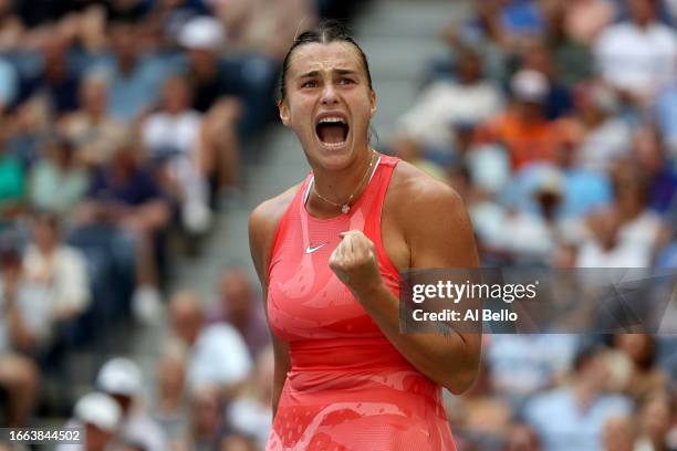 Aryna Sabalenka of Belarus celebrates a point against Qinwen Zheng of China during their Women's Singles Quarterfinal match on Day Ten of the 2023 US...