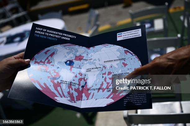 Person points to a map of the suggested priority areas to protect under a proposed Global Ocean Treaty on a Greenpeace ship docked at Rainbow Harbor...