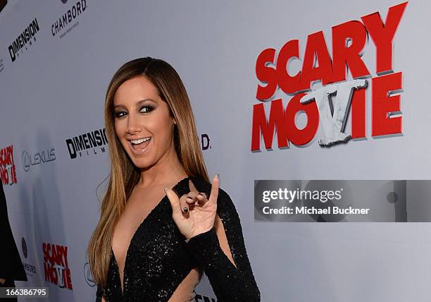 Actress Ashley Tisdale arrives for the premiere of Dimension Films' "Scary Movie 5" at ArcLight Cinemas Cinerama Dome on April 11, 2013 in Hollywood,...