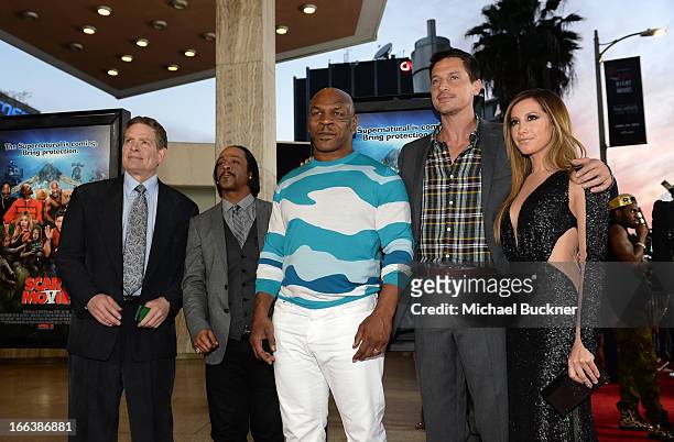 Producer David Zucker, actor Katt Williams, former professional boxer Mike Tyson actors Simon Rex, and Ashley Tisdale arrive for the premiere of...