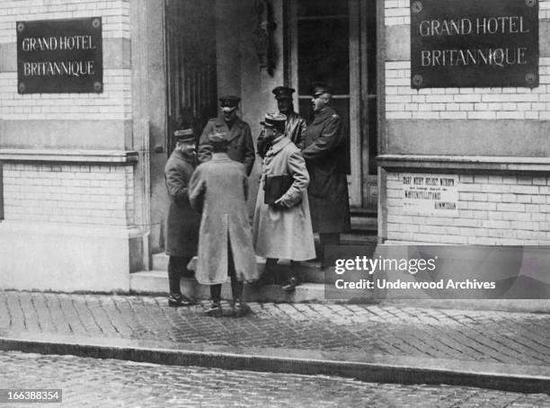 The British, American, French and Italian delegates leaving the Grand Hotel Britannique where the terms of the Armistice were discussed, Spa, Liege,...