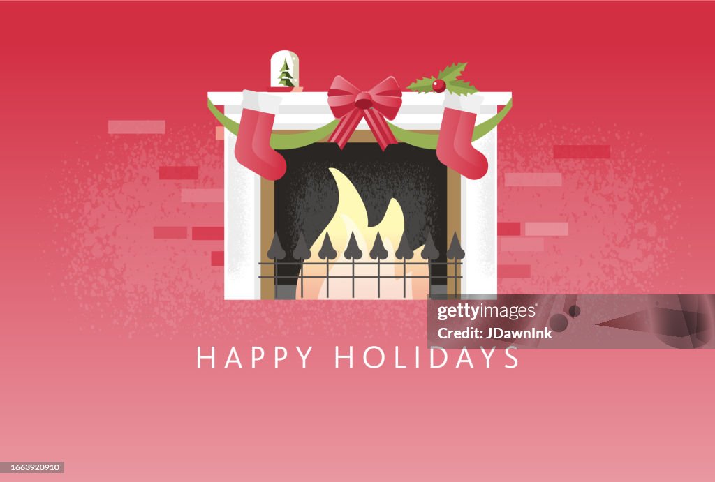 Happy Holidays greeting fireplace or mantle with Christmas decorations