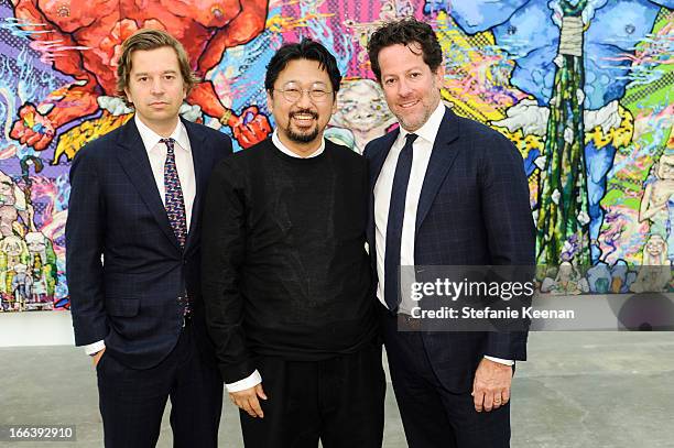 Friedrich Kunath, Takashi Murakamii and Tim Blum attend Takashi Murakami Private Preview And Dinner At Blum & Poe on April 11, 2013 in Los Angeles,...