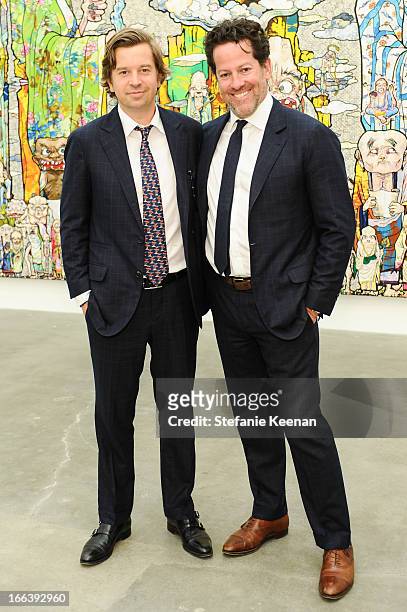 Friedrich Kunath and Tim Blum attend Takashi Murakami Private Preview And Dinner At Blum & Poe on April 11, 2013 in Los Angeles, California.