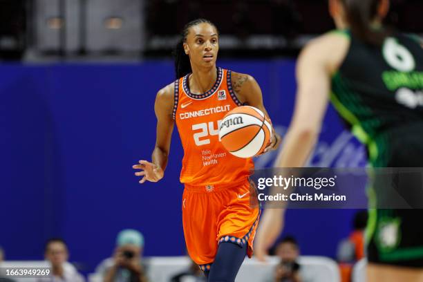 DeWanna Bonner of the Connecticut Sun dribbles the ball during the game against the Minnesota Lynx during round one game one of the 2023 WNBA...