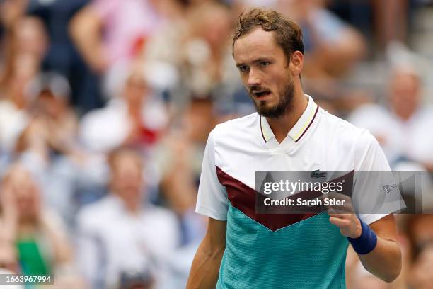 Daniil Medvedev of Russia celebrates a point against Andrey Rublev of Russia during their Men's Singles Quarterfinal match on Day Ten of the 2023 US...