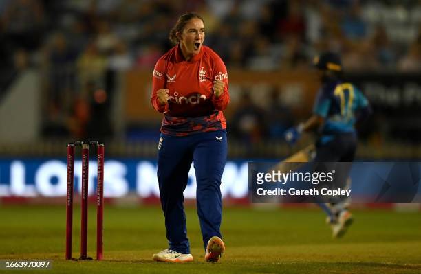 Alice Capsey of England celebrates dismissing Chamari Athapaththu of Sri Lanka during the 3rd Vitality T20 International between England and Sri...