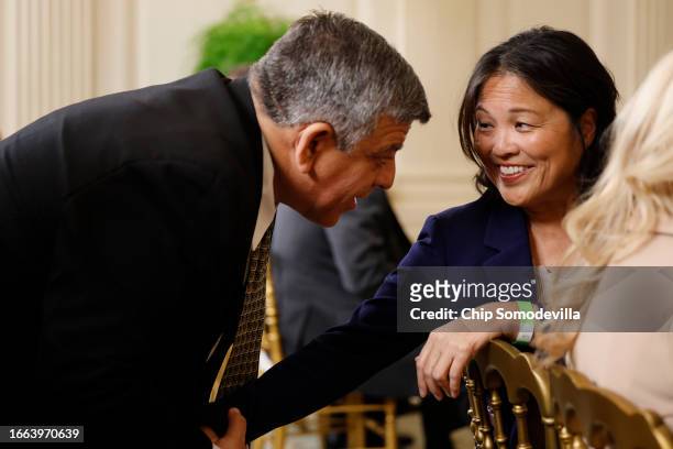 Acting Secretary of Labor Julie Su greets International Longshore and Warehouse Union Coast Committeeman Frank Ponce De Leon during an event...