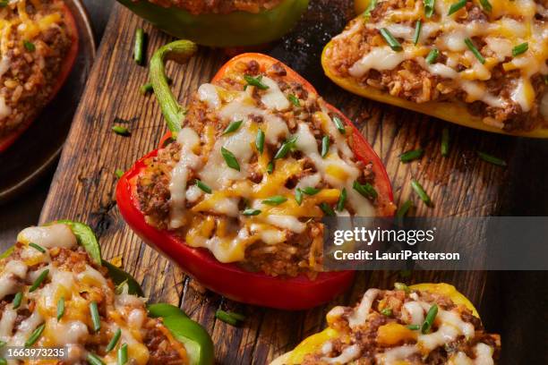 italian style stuffed peppers - ground beef stock pictures, royalty-free photos & images