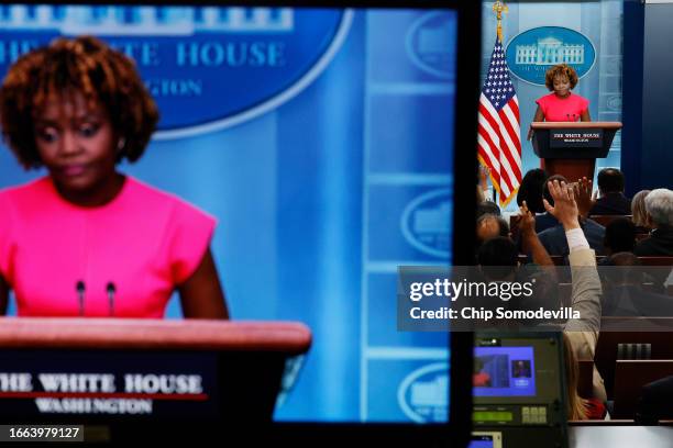 White House Press Secretary Karine Jean-Pierre talks to reporters during a news conference in the Brady Press Briefing Room at the White House on...