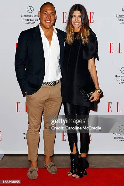 Geoff Huegill and his wife Sara arrives at the Hello Elle Australia show during Mercedes-Benz Fashion Week Australia Spring/Summer 2013/14 at...