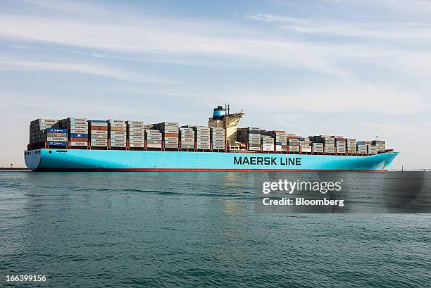 The Ebba Maersk container ship, operated by A.P. Moeller-Maersk A/S, leaves Suez port and heads towards the Red Sea after passing through the Suez...